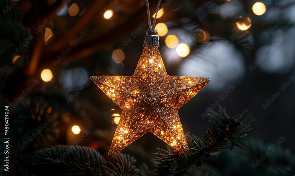 A shimmering star ornament hanging from a lush evergreen tree, illuminated by warm twinkling lights on a crisp winter evening A shimmering star ornament hanging from a lush evergreen tree, illuminated by warm twinkling lights on a crisp winter evening