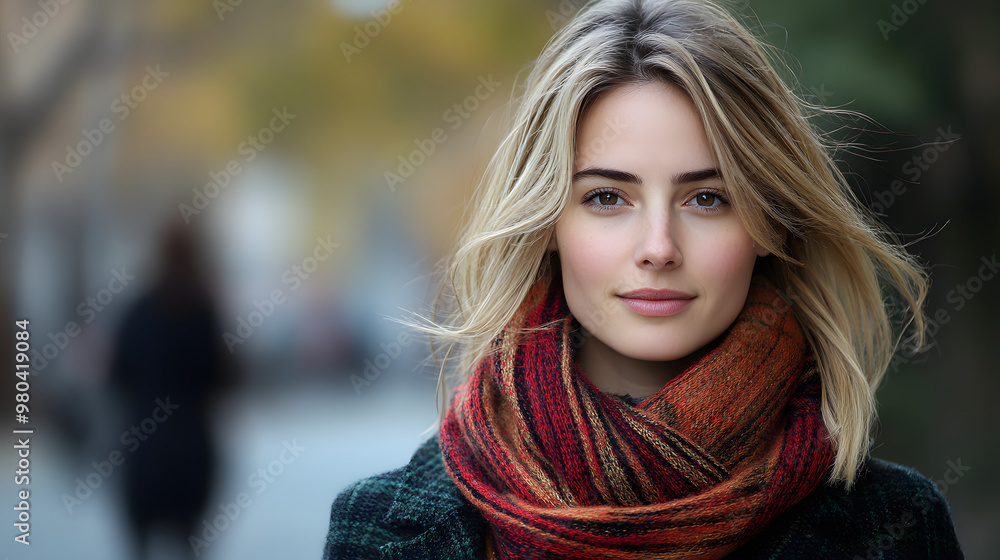 A woman with blonde hair wearing a scarf, suitable for fashion blogs or winter clothing advertisements A woman with blonde hair wearing a scarf, suitable for fashion blogs or winter clothing advertisements