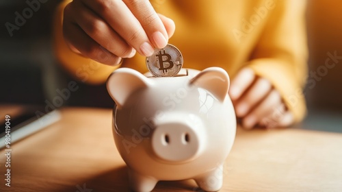 A close-up of a hand placing a coin into a piggy bank, representing savings and financial security Close-up photo with clean background photo