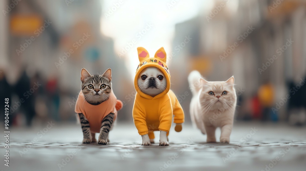 Adorable pets walking on a city street, showcasing a playful dog in a cute outfit alongside two curious cats. Perfect for animal lovers. Adorable pets walking on a city street, showcasing a playful dog in a cute outfit alongside two curious cats. Perfect for animal lovers.