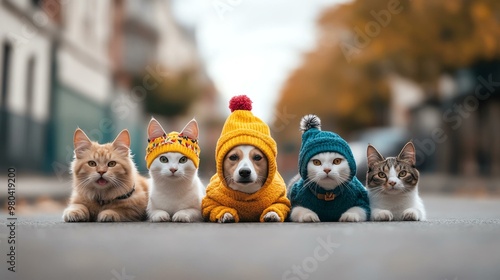 Adorable pets dressed in colorful hats posing together on a street in autumn. Perfect for animal lovers and seasonal themes. photo