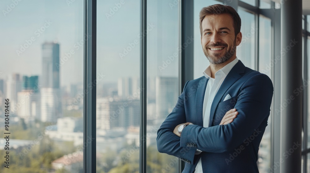 A confident businessman in a modern office, standing by a large window with a panoramic city view, arms crossed and smiling, conveying success and leadership Close-up photo with clean background A confident businessman in a modern office, standing by a large window with a panoramic city view, arms crossed and smiling, conveying success and leadership Close-up photo with clean background
