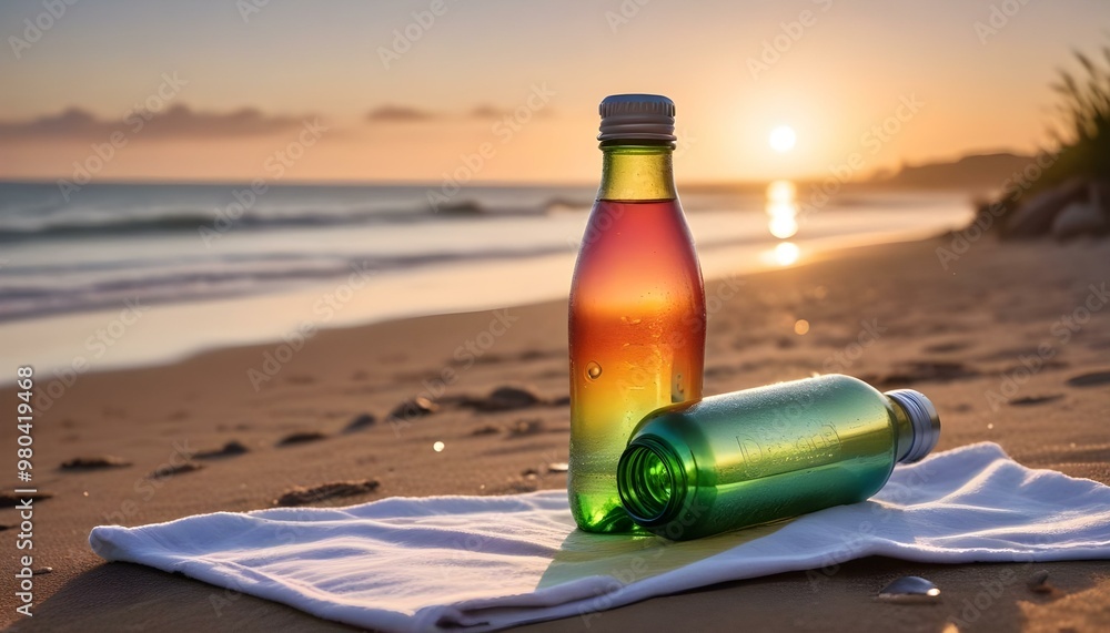 A glass drink bottle positioned on a sandy beach at sunset, capturing the serene beauty of a relaxing seaside moment. A glass drink bottle positioned on a sandy beach at sunset, capturing the serene beauty of a relaxing seaside moment.