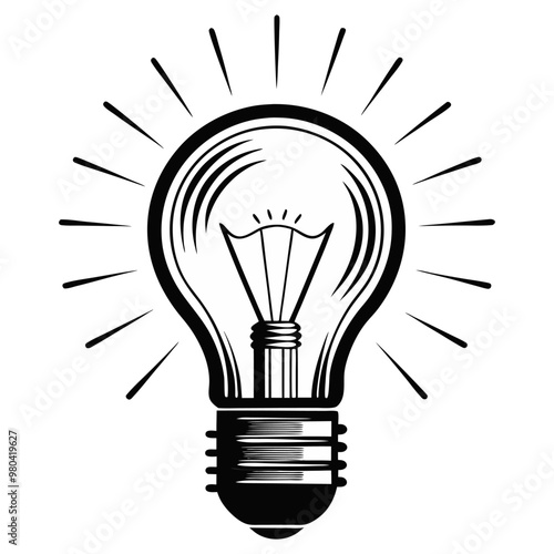 Linear glowing idea lamp bulb with a clear glass enclosure vector illustration. Modern style and detailed light bulb line art. Idea lamp linear icon.
