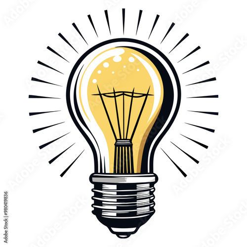 Linear glowing idea lamp bulb with a clear glass enclosure vector illustration. Modern style and detailed light bulb outline. Idea lamp linear icon.