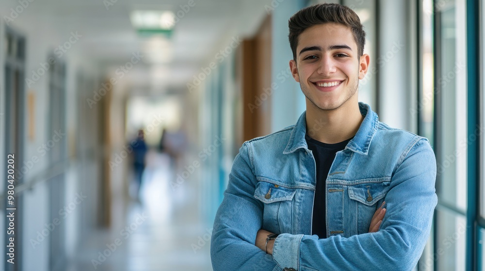 A confident student with arms crossed, smiling in a school corridor Close-up photo with clean background A confident student with arms crossed, smiling in a school corridor Close-up photo with clean background
