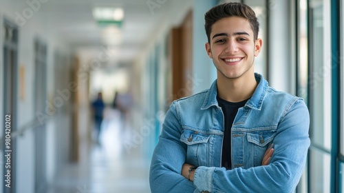 A confident student with arms crossed, smiling in a school corridor Close-up photo with clean background