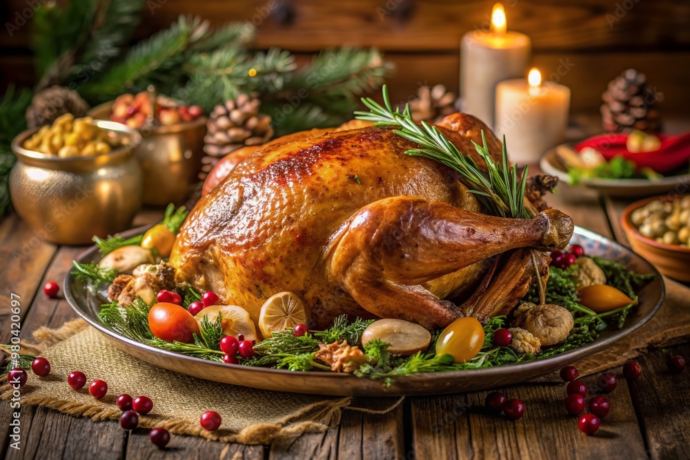 Golden turkey, savory chestnut stuffing, and crudités adorn a rustic dinner plate, set against a warm wooden backdrop, evoking a cozy holiday gathering atmosphere. Golden turkey, savory chestnut stuffing, and crudités adorn a rustic dinner plate, set against a warm wooden backdrop, evoking a cozy holiday gathering atmosphere.