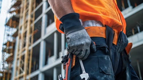 A construction worker holding a wrench and standing in front of a large, modern building framework under construction Close-up photo with clean background