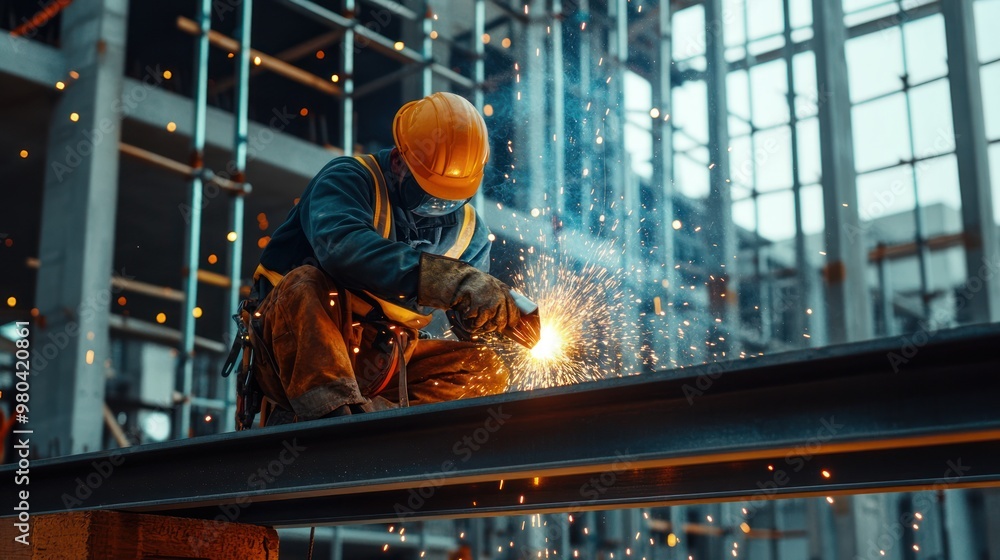 A construction worker welding steel beams at a contemporary construction site, with sparks flying and modern architecture in the background Close-up photo with clean background A construction worker welding steel beams at a contemporary construction site, with sparks flying and modern architecture in the background Close-up photo with clean background
