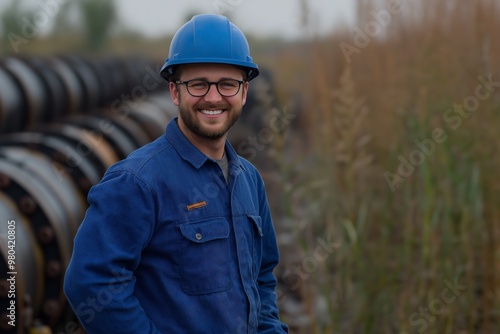 A man in a blue jacket and a blue helmet is smiling. He is standing in a field with tall grass