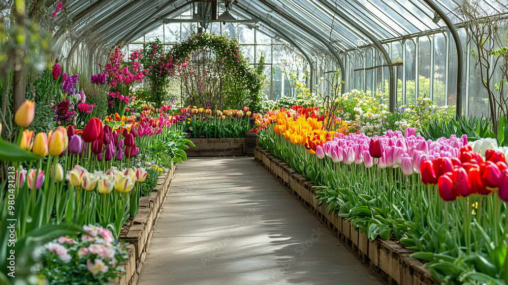 A greenhouse filled with colorful tulips and various other flowers, creating a vibrant spring landscape A greenhouse filled with colorful tulips and various other flowers, creating a vibrant spring landscape