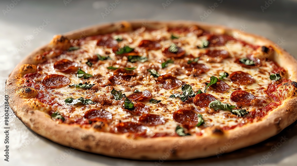 A delicious pepperoni pizza with a crispy crust and melted mozzarella cheese. A delicious pepperoni pizza with a crispy crust and melted mozzarella cheese.