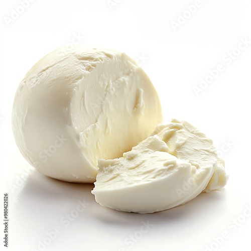 Fresh mozzarella cheese ball sliced on a clean background.