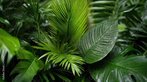 Fototapeta Naklejka Na Ścianę i Meble -  Lush green jungle of palm and tropical leaves for nature-themed decor and posters