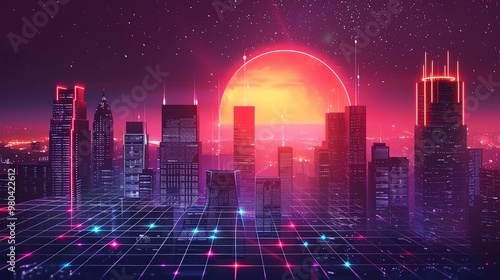 A retro-futuristic cityscape with a glowing orange sun and a gridded ground. photo