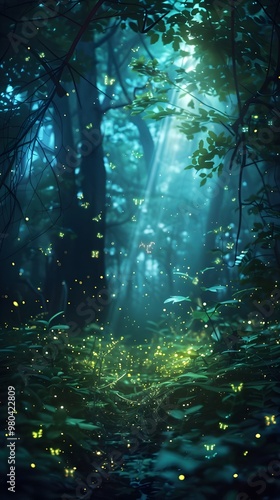 Bioluminescent Forest Clearing with Glowing Plants and Fireflies Tranquil Ethereal Atmosphere