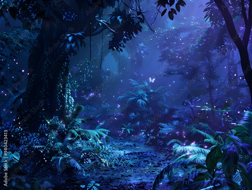 Obraz premium Bioluminescent Forest Dreamscape with Glowing Foliage and Ethereal Atmosphere