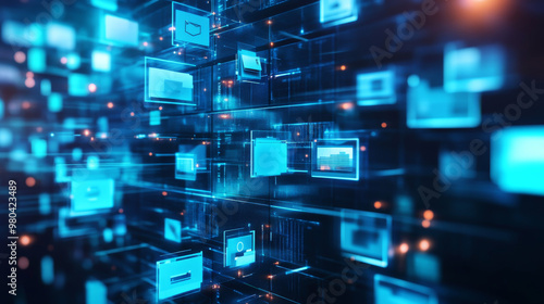 Document Management System (DMS) setup by an IT consultant using modern computers to search and manage information and corporate files. Concept of business processing and software for archiving.