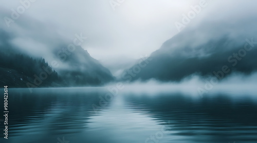 Morning fog rising over serene mountain lake