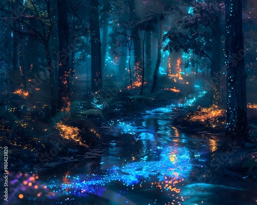 Enchanted Bioluminescent Forest with Glowing River and Ethereal Atmosphere