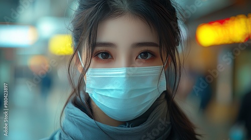 Young Woman Wearing a Face Mask in a Public Space