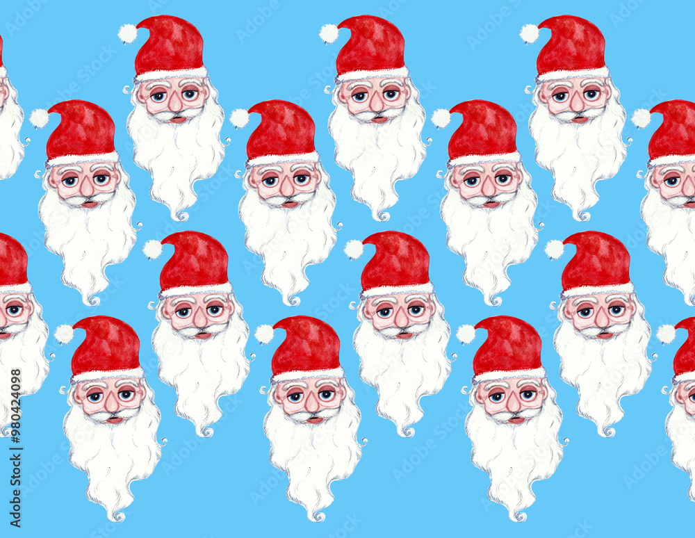 Pattern of portraits of Santa Claus on a blue background. Santa's face is stylized. Red cap, fluffy white beard, mustache and eyebrows. Round blue eyes, drop nose. Watercolor illustration. Pattern of portraits of Santa Claus on a blue background. Santa's face is stylized. Red cap, fluffy white beard, mustache and eyebrows. Round blue eyes, drop nose. Watercolor illustration.