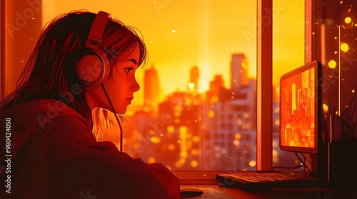 Woman in a cozy room with headphones, gazing out at a cityscape during sunset, soft golden light reflecting off her face, tranquil and wistful mood, lo-fi anime style photo