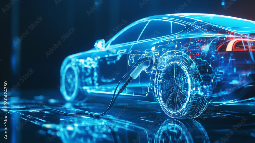 Double exposure of an electric vehicle (EV) with a power cable plugged in for charging, shown on a virtual modern technology UI display. Represents innovation in alternative sustainable eco-energy. Double exposure of an electric vehicle (EV) with a power cable plugged in for charging, shown on a virtual modern technology UI display. Represents innovation in alternative sustainable eco-energy.