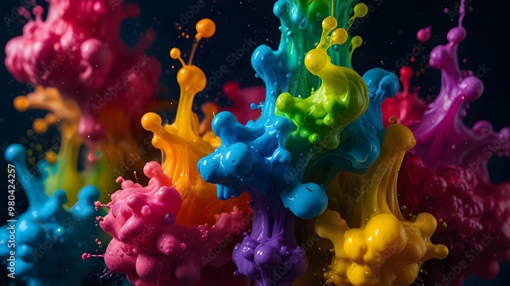 Colorful paint drops from above mixing in water. Ink swirling underwater Colorful paint drops from above mixing in water. Ink swirling underwater