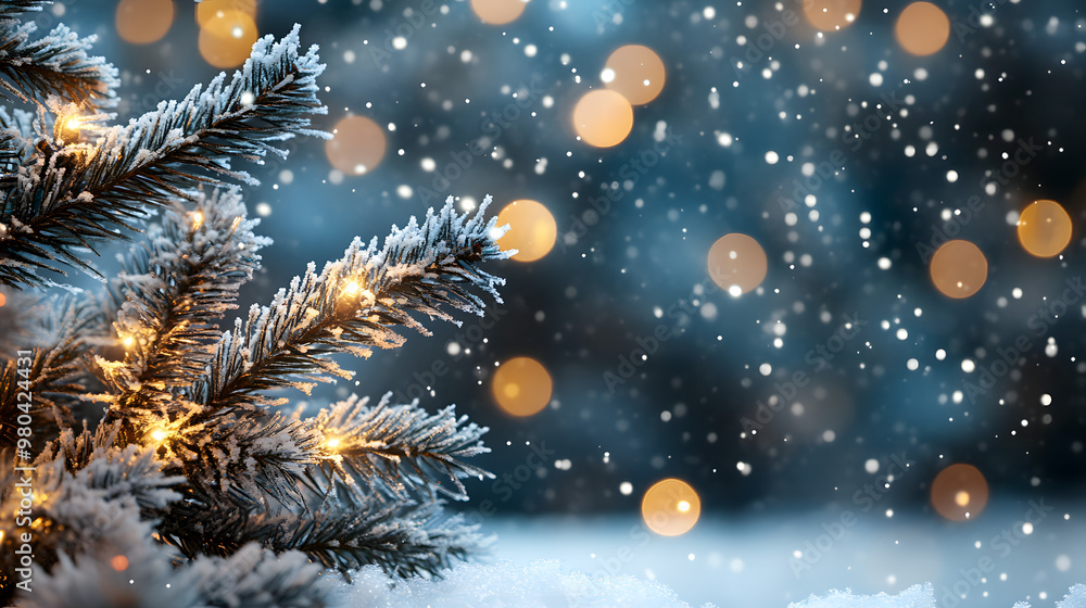 Beautiful winter background image of frosted spruce branches and small drifts of pure snow with bokeh Christmas lights and space for text Beautiful winter background image of frosted spruce branches and small drifts of pure snow with bokeh Christmas lights and space for text
