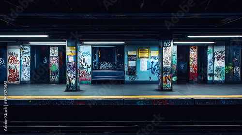 Wallpaper Mural Subway platform with graffiti-covered walls at night Torontodigital.ca