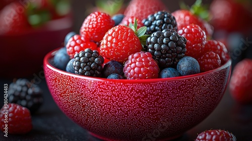 Fresh Raspberries and Blackberries in Red Bowl 