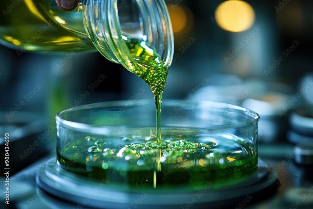 A close-up of a hand pouring biofuel into a clear container, with the fuel taking on a vibrant green hue A close-up of a hand pouring biofuel into a clear container, with the fuel taking on a vibrant green hue