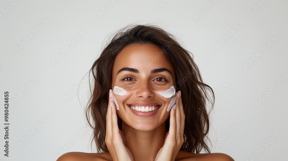 Refreshing beauty: smiling woman applying face cream for skincare