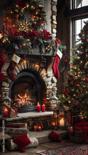 Cozy christmas scene featuring a fireplace with stockings, a beautifully lit tree, and festive decor