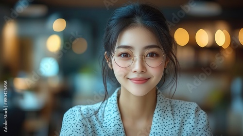 Smiling Young Asian Woman Wearing Glasses