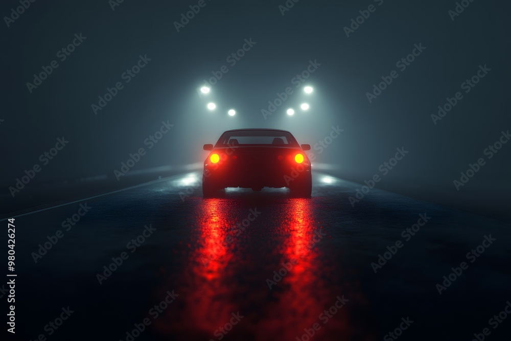 Car Driving on Foggy Road at Night with Red Tail Lights Car Driving on Foggy Road at Night with Red Tail Lights