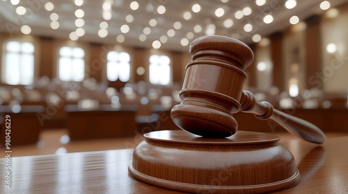 Wooden Gavel on Judge s Bench in Courtroom