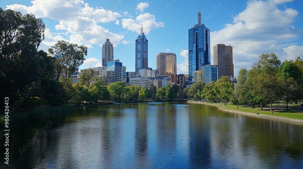 Cityscape with Reflective Lake and Tall Skyscrapers Cityscape with Reflective Lake and Tall Skyscrapers