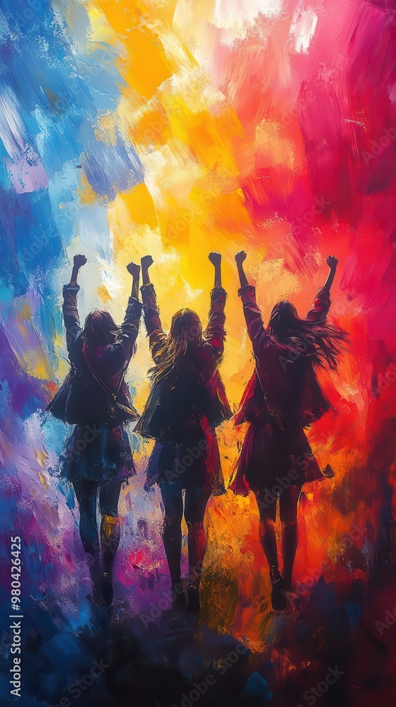 powerful silhouettes of diverse women with raised fists against vibrant abstract background bold brush strokes in suffragette colors dynamic composition conveying strength and unity powerful silhouettes of diverse women with raised fists against vibrant abstract background bold brush strokes in suffragette colors dynamic composition conveying strength and unity