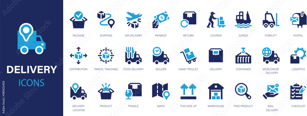 Naklejka premium Delivery icons set. 60 icon delivery, shipping, logistics symbols. Flat icons collection.