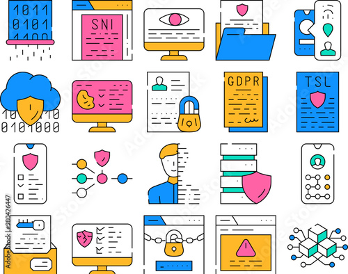 Privacy Policy Protect Collection Icons Set Vector. Biometric Data Protection And Privacy Police, Digital Portrait And Encryption Key color Contour Illustrations