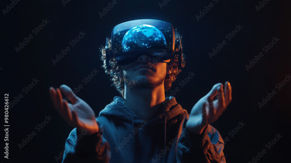 Concept of digital technology in virtual reality. A man, wearing a 3D VR headset, gazes upwards while holding a digital globe in his hands. This scenario reflects virtual reality, augmented reality. Concept of digital technology in virtual reality. A man, wearing a 3D VR headset, gazes upwards while holding a digital globe in his hands. This scenario reflects virtual reality, augmented reality.