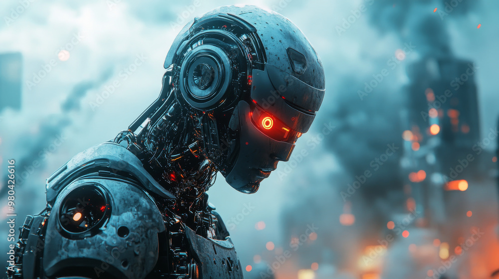 The robotics upheaval. Emergence of automated entities with artificial intelligence. AI conflict with humanity. Robots or cyborgs seize control of Earth. Sci-fi conceptual depiction of a technological The robotics upheaval. Emergence of automated entities with artificial intelligence. AI conflict with humanity. Robots or cyborgs seize control of Earth. Sci-fi conceptual depiction of a technological