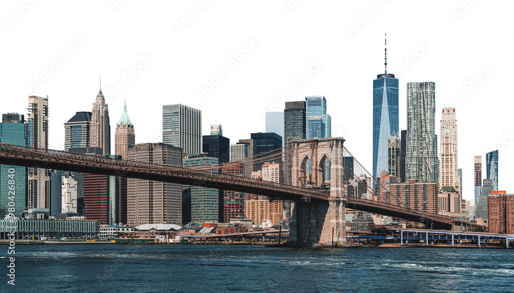 Image of Brooklyn Bridge spanning East River with Manhattan downtown skyline in the background. Crisp, clean look on white background. Concept of urban architecture Image of Brooklyn Bridge spanning East River with Manhattan downtown skyline in the background. Crisp, clean look on white background. Concept of urban architecture