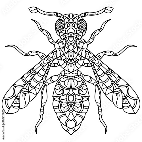 Hand drawn of Honey bee in zentangle style