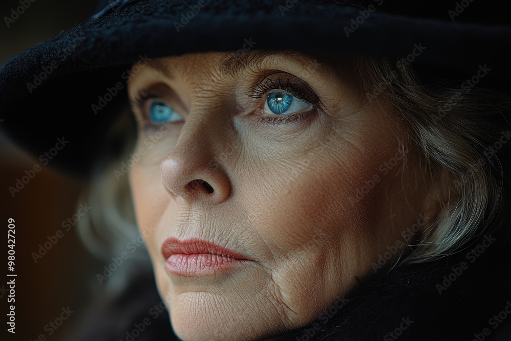 Sombre elderly woman in black hat, gazing into distance Sombre elderly woman in black hat, gazing into distance