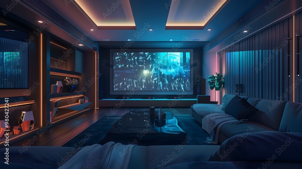 Luxurious Smart Home Theater with Voice Activated Controls and Holographic Display Luxurious Smart Home Theater with Voice Activated Controls and Holographic Display