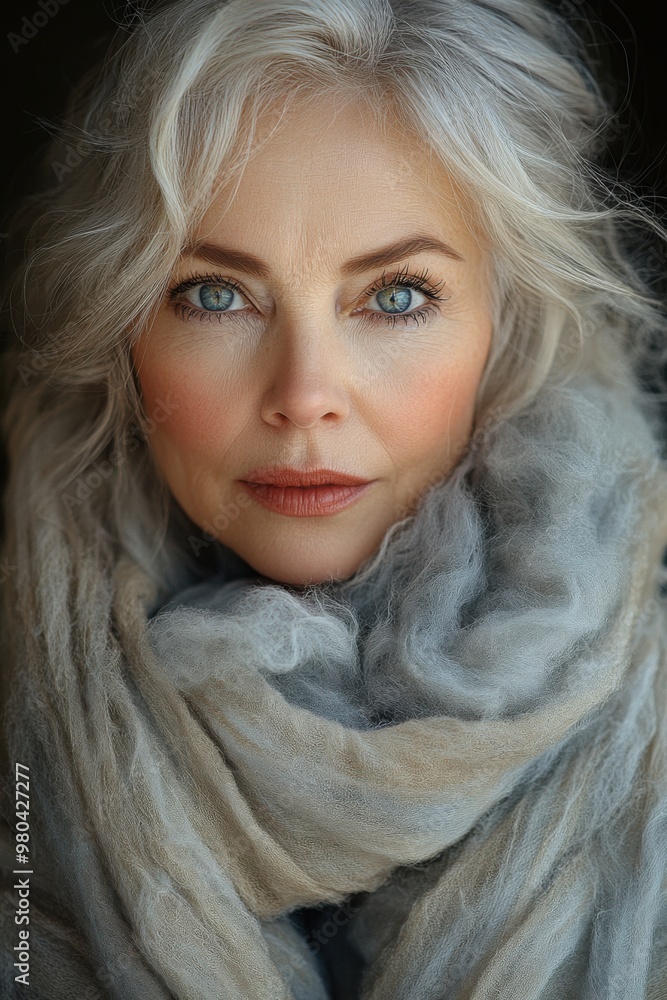 Elderly woman with white hair wrapped in cozy gray scarf Elderly woman with white hair wrapped in cozy gray scarf
